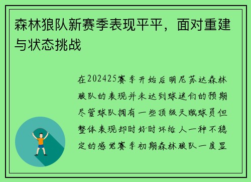 森林狼队新赛季表现平平，面对重建与状态挑战