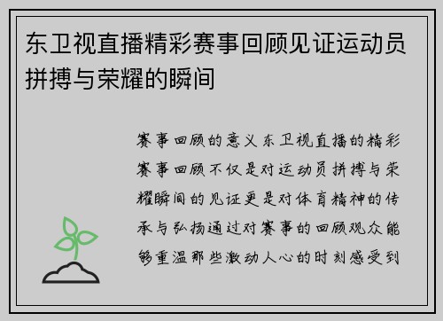 东卫视直播精彩赛事回顾见证运动员拼搏与荣耀的瞬间