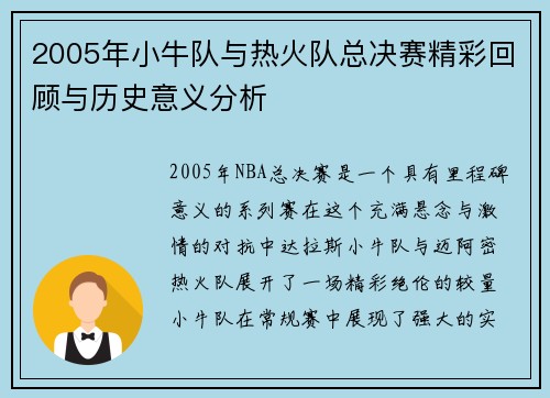 2005年小牛队与热火队总决赛精彩回顾与历史意义分析