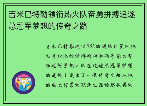 吉米巴特勒领衔热火队奋勇拼搏追逐总冠军梦想的传奇之路