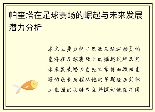 帕奎塔在足球赛场的崛起与未来发展潜力分析